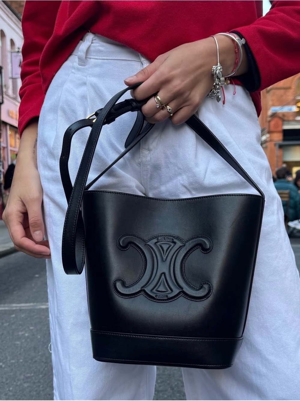 Celine Black Leather Bucket Bag with Embossed Logo
